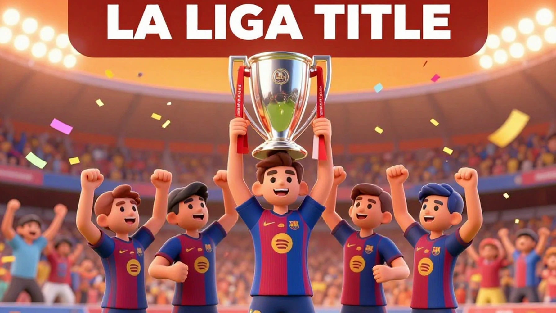 Barcelona soccer team celebrating La Liga championship victory with trophy