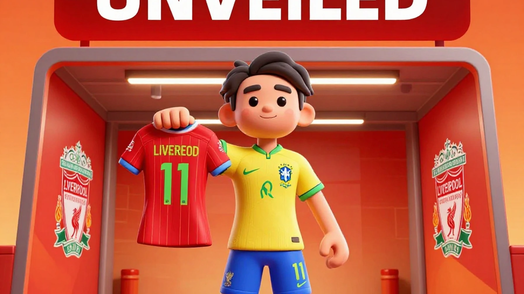 Brazilian winger in Liverpool kit holding number 11 shirt after record £85M transfer