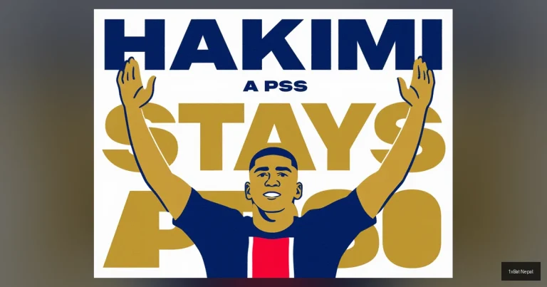 Flat vector art poster of PSG star Achraf Hakimi celebrating with bold text 'HAKIMI STAYS AT PSG' in red and gold against navy blue background, minimalist screen-print style