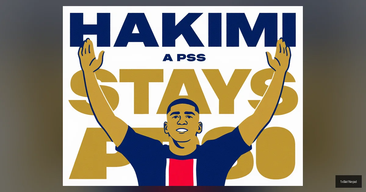 Flat vector art poster of PSG star Achraf Hakimi celebrating with bold text 'HAKIMI STAYS AT PSG' in red and gold against navy blue background, minimalist screen-print style