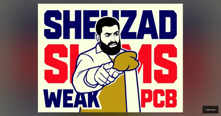 Flat vector art poster of cricketer Ahmed Shehzad pointing accusingly with bold text SHEHZAD SLAMS WEAK PCB, criticizing Pakistan Cricket Board after T20 World Cup 2026 failure.