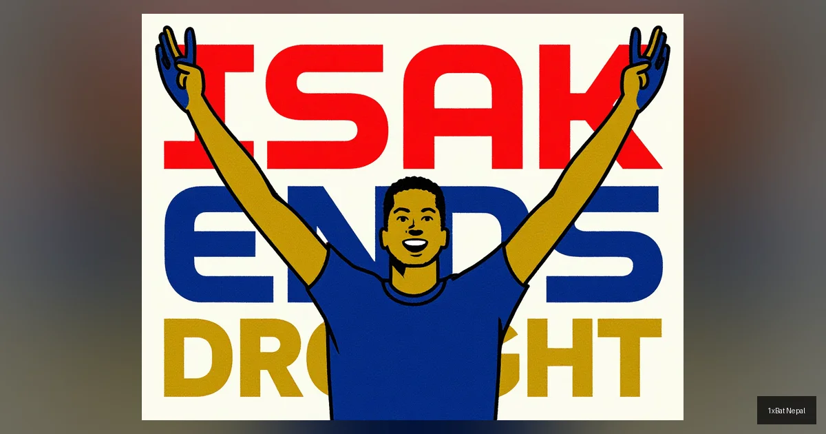 Flat vector art poster of Liverpool's Alexander Isak celebrating a goal with bold text 'ISAK ENDS DROUGHT' in navy blue, crimson red, and gold colors, minimalist screen-print style.