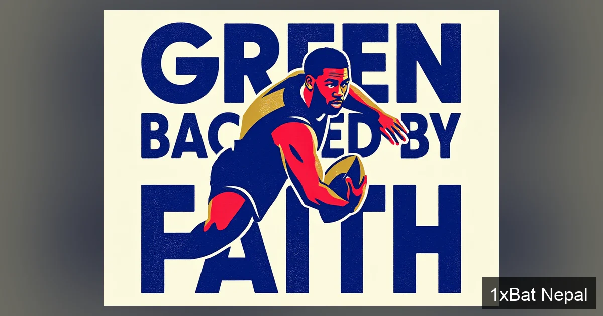 A bold screen-printed poster of Australian cricketer Cameron Green playing a cover drive, with large text 'GREEN BACKED BY FAITH', illustrating coach Andrew McDonald's support.
