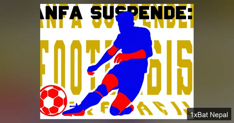 Screen-printed vector art poster of a Nepali footballer kicking a ball with bold text ANFA SUSPENDED: FOOTBALL CRISIS, illustrating the governance crisis in Nepal football with dark navy, crimson, and gold colors.