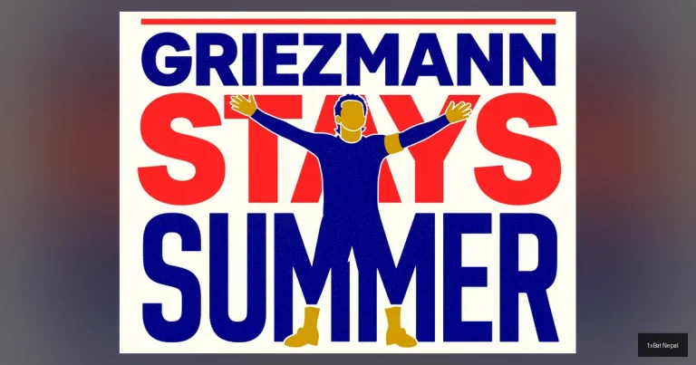 Screen-printed graphic poster of Antoine Griezmann celebrating with bold text 'Griezmann Stays Until Summer' in flat vector art style with navy blue, crimson red, and gold yellow colors.