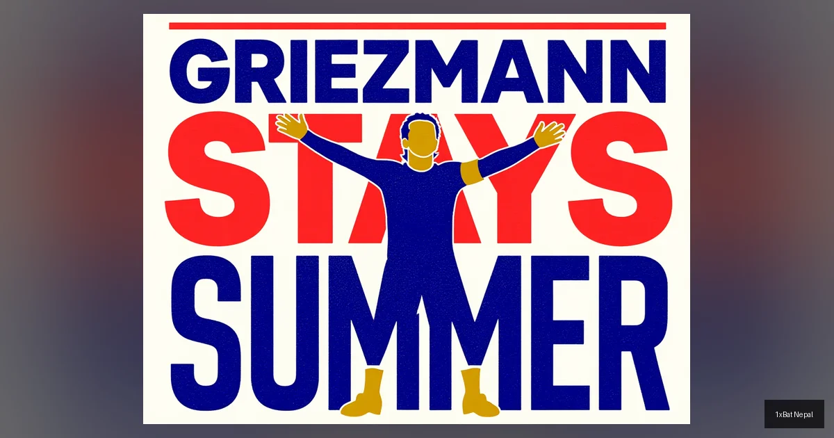 Screen-printed graphic poster of Antoine Griezmann celebrating with bold text 'Griezmann Stays Until Summer' in flat vector art style with navy blue, crimson red, and gold yellow colors.