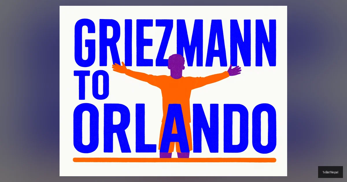 Antoine Griezmann Orlando City transfer announcement poster showing French star celebrating in flat vector art style with bold GRIEZMANN TO ORLANDO text
