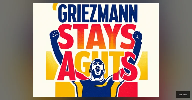 Flat vector art poster of Antoine Griezmann celebrating a goal with bold text 'GRIEZMANN STAYS AND FIGHTS' in the background, using navy blue, crimson red, and gold yellow colors in a screen-printed style.