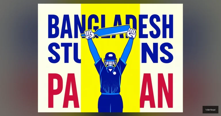 Flat vector art poster of Bangladesh cricketer Nahid Rana celebrating a wicket with bold text 'BANGLADESH STUNS PAKISTAN' in T20 World Cup 2026 match.