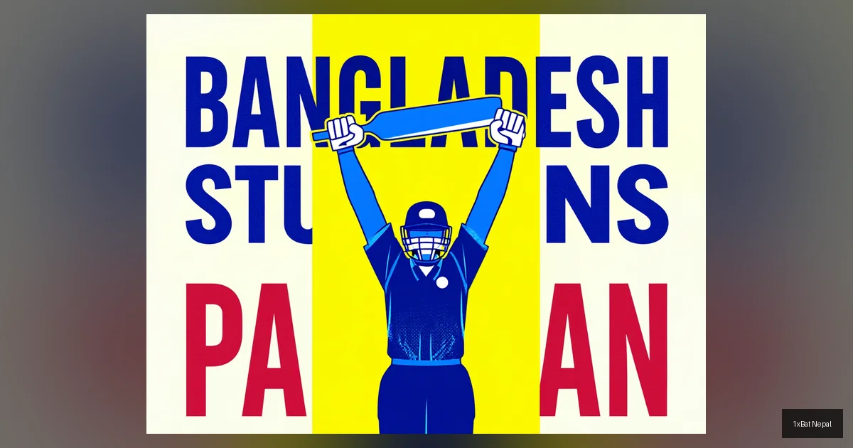 Flat vector art poster of Bangladesh cricketer Nahid Rana celebrating a wicket with bold text 'BANGLADESH STUNS PAKISTAN' in T20 World Cup 2026 match.