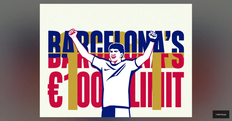 Flat vector art poster of Julian Alvarez celebrating with Barcelona's €100M transfer limit headline in bold typography - minimalist football transfer graphic design