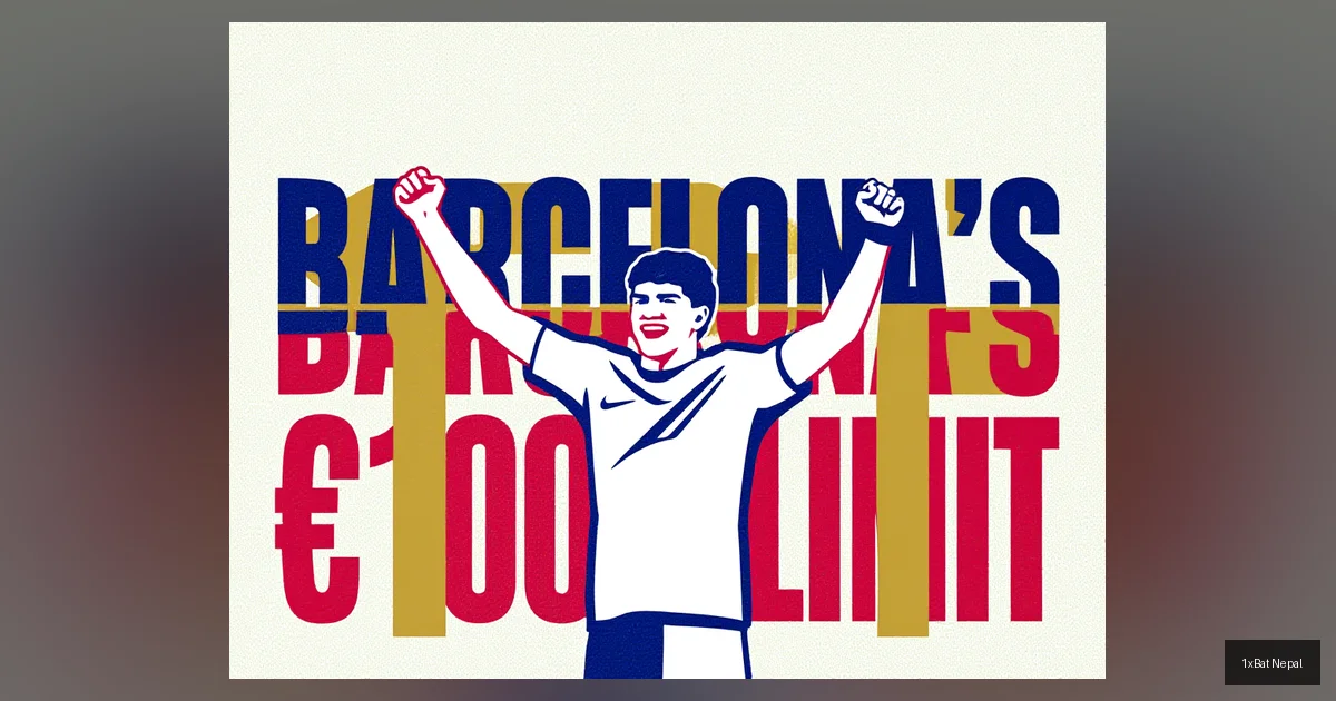 Flat vector art poster of Julian Alvarez celebrating with Barcelona's €100M transfer limit headline in bold typography - minimalist football transfer graphic design