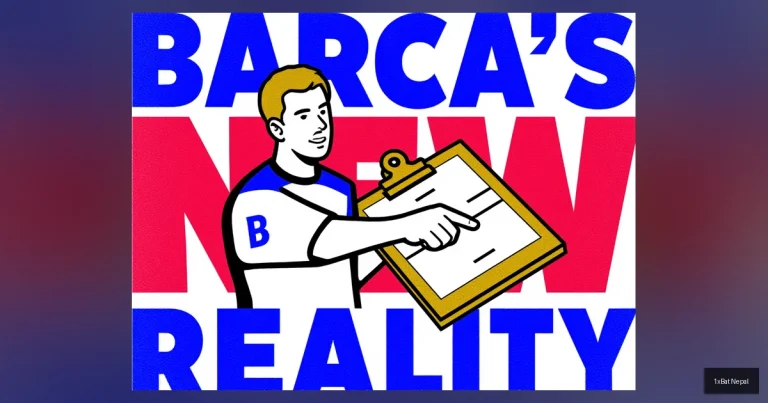 A stylized screen-printed poster of Barcelona manager Hansi Flick pointing on a clipboard, with bold text 'BARCA'S NEW REALITY' behind him, representing the club's 2025-26 transfer strategy under financial constraints.