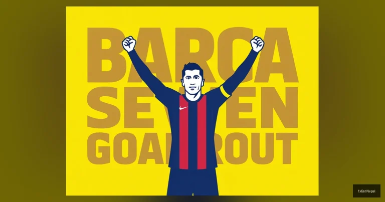 Screen-printed vector art poster of Robert Lewandowski celebrating a goal during Barcelona's 7-2 Champions League victory over Newcastle, with bold typography reading 'BARCA SEVEN GOAL ROUT' in flat colors.