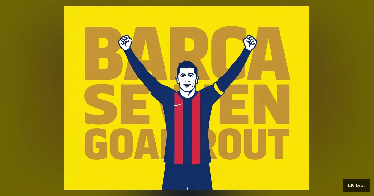 Screen-printed vector art poster of Robert Lewandowski celebrating a goal during Barcelona's 7-2 Champions League victory over Newcastle, with bold typography reading 'BARCA SEVEN GOAL ROUT' in flat colors.
