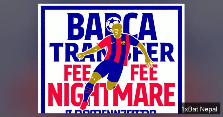 A bold, minimalist screen-printed poster of a Barcelona footballer in mid-air header. Stylized flat vector art in navy blue, crimson, and gold with the headline 'BARCA TRANSFER FEE NIGHTMARE' about the club's financial struggles in the transfer market.