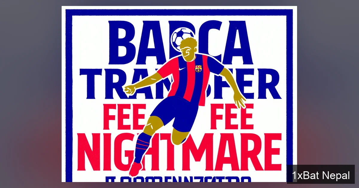 A bold, minimalist screen-printed poster of a Barcelona footballer in mid-air header. Stylized flat vector art in navy blue, crimson, and gold with the headline 'BARCA TRANSFER FEE NIGHTMARE' about the club's financial struggles in the transfer market.