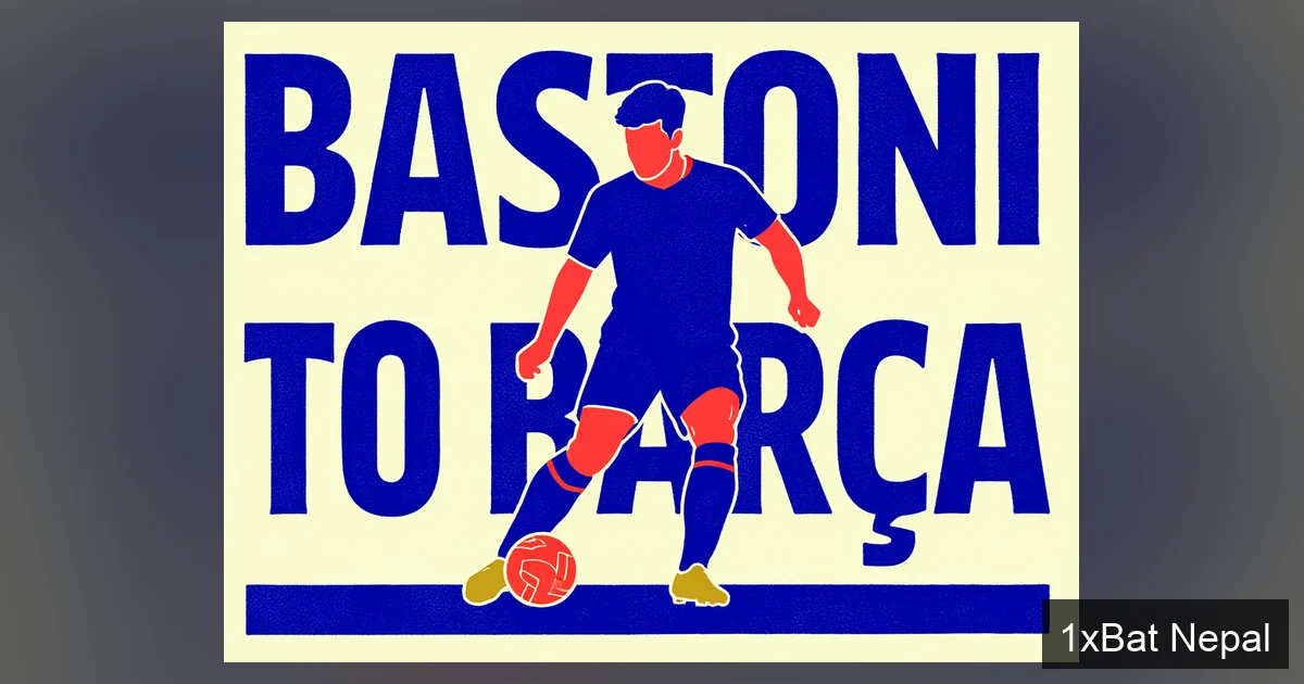 A minimalist screen-printed poster of Inter Milan defender Alessandro Bastoni in a defensive stance with the ball, featuring bold typography reading 'BASTONI TO BARÇA' in Barcelona's colors, representing his potential summer transfer to the Catalan club.
