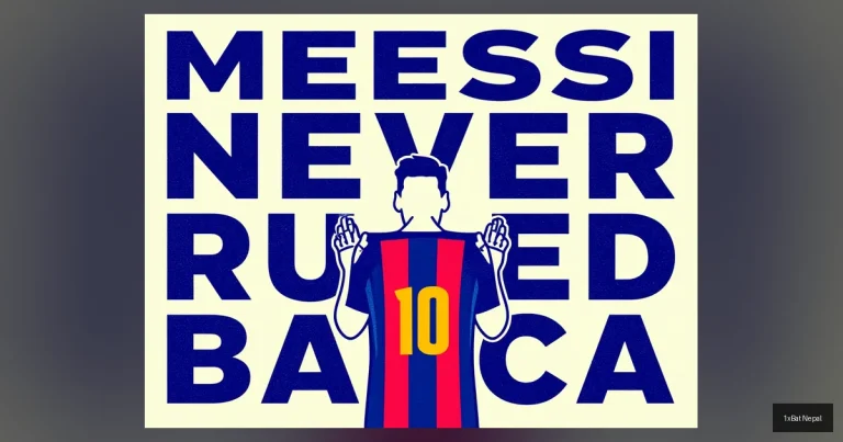 Flat vector art poster of Lionel Messi in Barcelona colors with bold text 'MESSI NEVER RULED BARCA' - illustrating Bartomeu's revelation about Messi's lack of decision-making power at Camp Nou