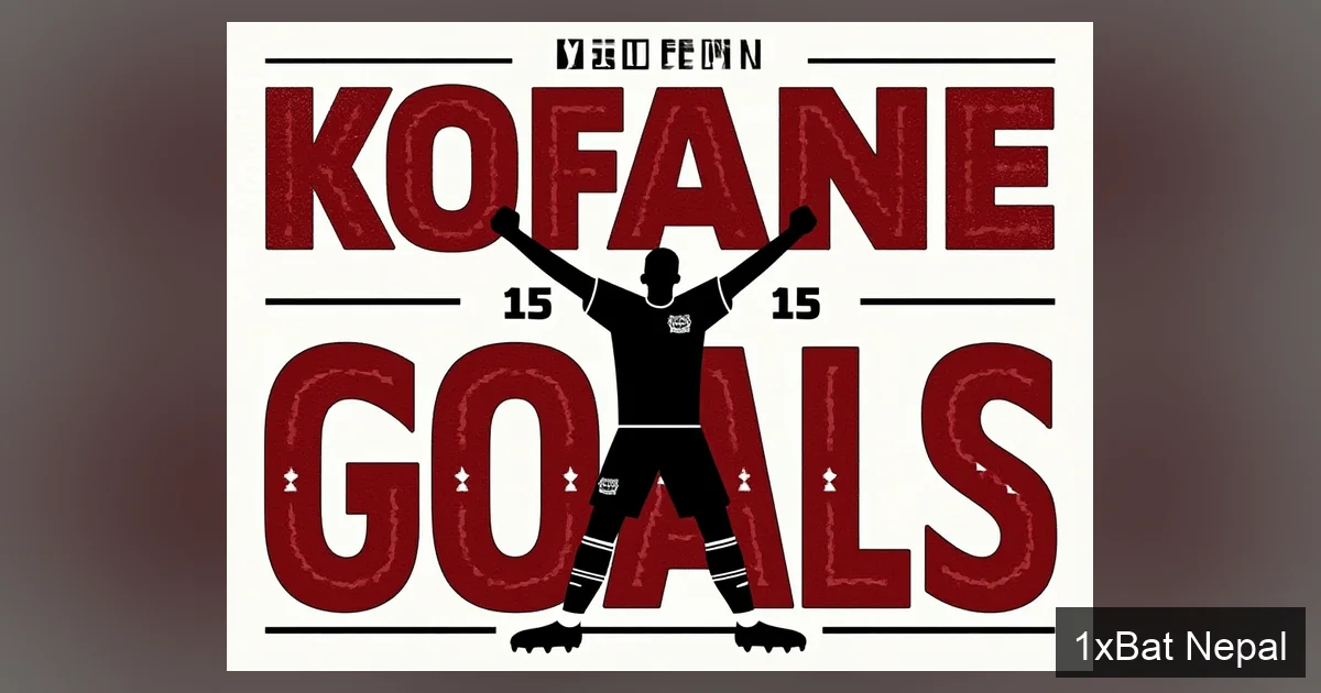 Flat vector art poster of Bayer Leverkusen striker Nathan Kofane celebrating a goal in his kit, with bold text 'KOFANE 15 GOALS' behind him, in a minimalist screen-print style with dark red, black, and white colors.