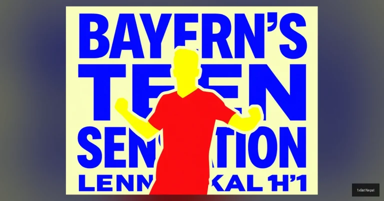 Flat vector art poster of Bayern Munich teenage wonderkid Lennart Karl celebrating a goal in his kit, with bold text 'BAYERN'S TEEN SENSATION' behind him, in a screen-printed graphic style with dark navy, red, and yellow colors.