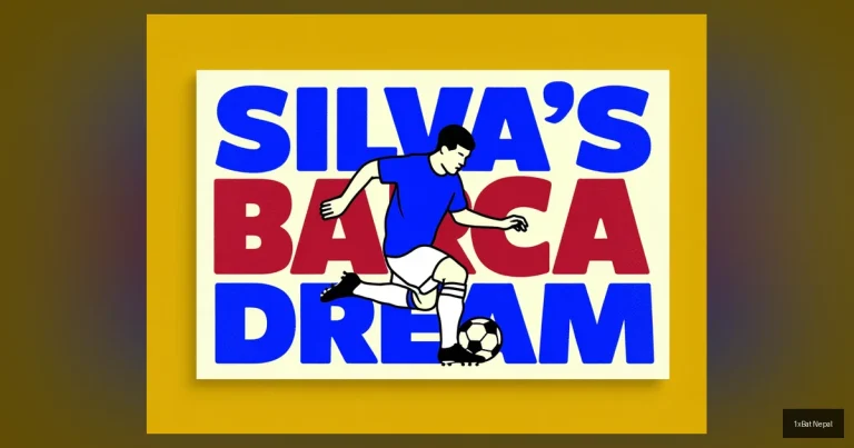 Bernardo Silva Barcelona transfer graphic: Flat vector illustration of Silva dribbling with bold text 'SILVA'S BARCA DREAM' in Blaugrana colors, minimalist screen-print style.