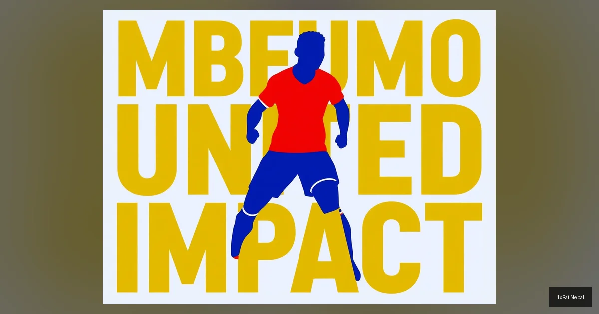 Screen-printed graphic poster of Bryan Mbeumo celebrating a goal for Manchester United, with bold text 'MBEUMO UNITED IMPACT' in flat vector art style, featuring navy blue, crimson red, and gold yellow colors.
