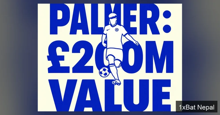 Flat vector art poster of Chelsea's Cole Palmer dribbling with bold text 'PALMER: £200M VALUE' highlighting his reported transfer valuation and contract power.