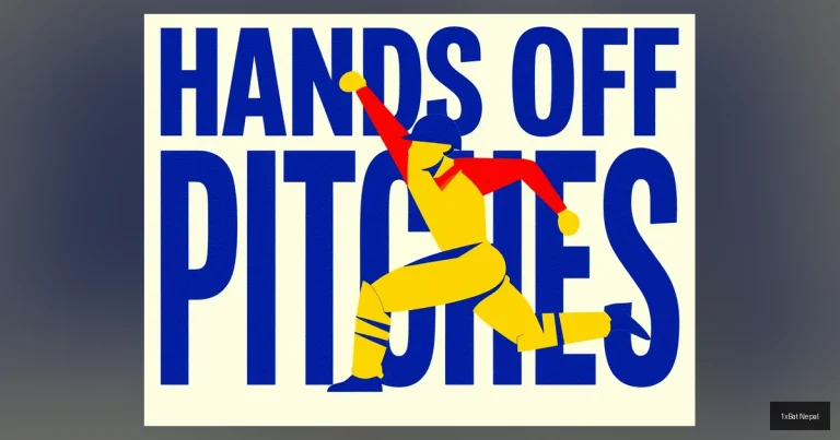 A bold, minimalist screen-printed poster featuring a cricket bowler in a dynamic pose with the text 'HANDS OFF PITCHES' representing Cricket Australia's policy to keep control of Test match pitches decentralized.