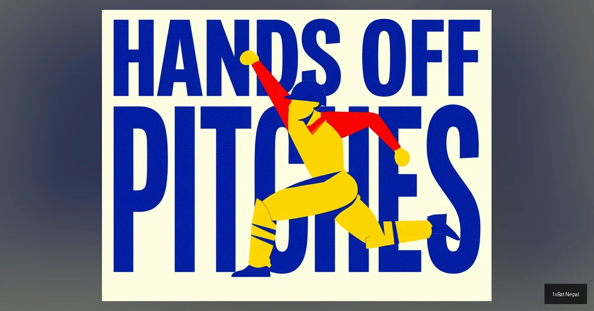 A bold, minimalist screen-printed poster featuring a cricket bowler in a dynamic pose with the text 'HANDS OFF PITCHES' representing Cricket Australia's policy to keep control of Test match pitches decentralized.