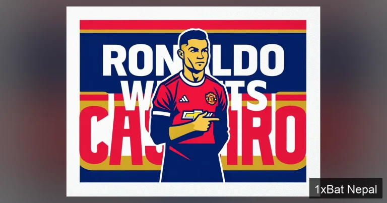 Screen-printed poster design showing Cristiano Ronaldo pointing toward Casemiro in Manchester United kit with bold text 'RONALDO WANTS CASEMIRO' - illustrating transfer rumors of Ronaldo trying to convince Casemiro to join Al-Nassr