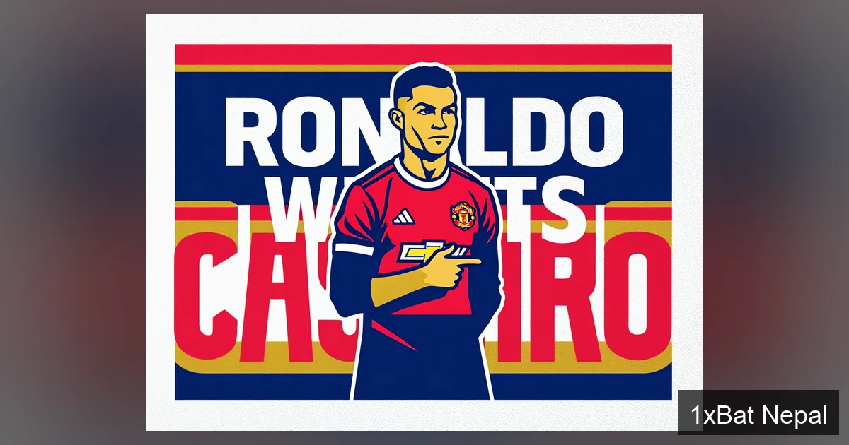 Screen-printed poster design showing Cristiano Ronaldo pointing toward Casemiro in Manchester United kit with bold text 'RONALDO WANTS CASEMIRO' - illustrating transfer rumors of Ronaldo trying to convince Casemiro to join Al-Nassr