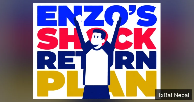 Flat vector art poster of Chelsea midfielder Enzo Fernandez celebrating with bold text announcing his shock career plan and River Plate return revelation