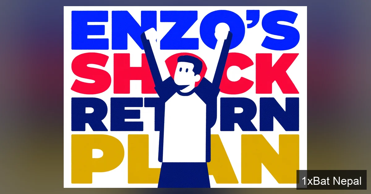Flat vector art poster of Chelsea midfielder Enzo Fernandez celebrating with bold text announcing his shock career plan and River Plate return revelation