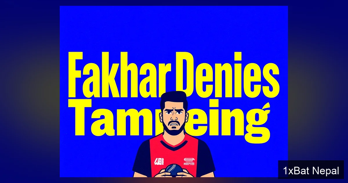 Flat vector art poster of Fakhar Zaman holding a cricket ball with 'Fakhar Denies Tampering' text, illustrating PSL ball-tampering controversy in minimalist style.