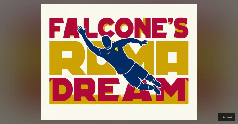 Wladimiro Falcone making dramatic save in flat vector art style with FALCONE'S ROMA DREAM text - Serie A goalkeeper Roma dream illustration
