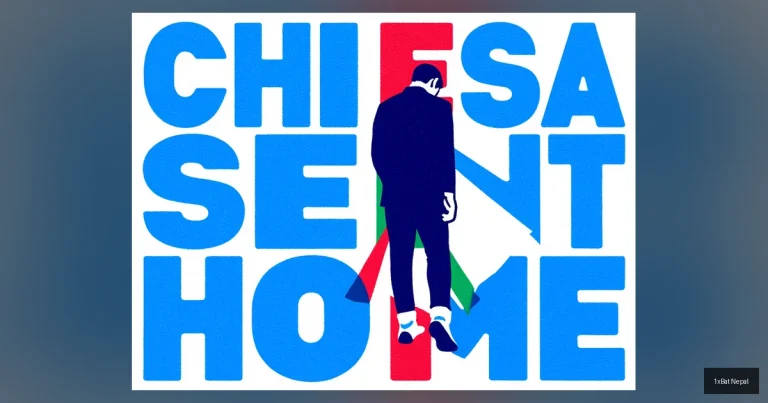 Screen-printed vector art poster of Federico Chiesa walking away from Italian flag with 'CHIESA SENT HOME' bold typography - Italy national team squad exclusion controversy illustration