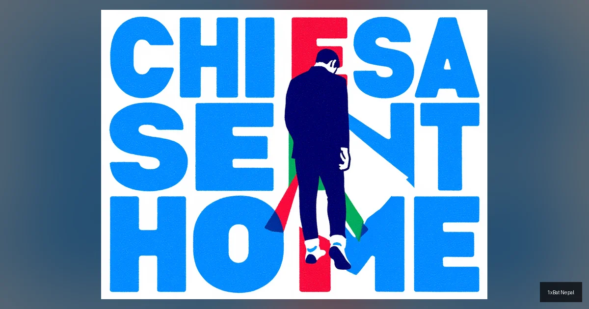 Screen-printed vector art poster of Federico Chiesa walking away from Italian flag with 'CHIESA SENT HOME' bold typography - Italy national team squad exclusion controversy illustration