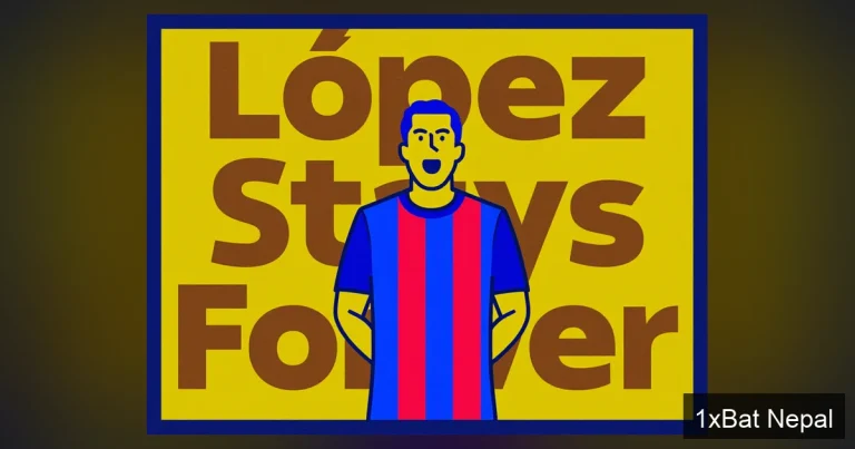 Flat vector art poster of Barcelona star Fermín López celebrating, with bold text 'López Stays Forever' in background, representing his loyalty and contract renewal.