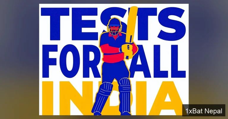 Sourav Ganguly cricket poster advocating for Test matches across India, featuring bold vector art with navy blue, crimson red, and gold yellow colors, and large text reading 'TESTS FOR ALL INDIA' in a minimalist screen-print style.