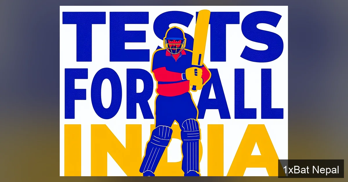 Sourav Ganguly cricket poster advocating for Test matches across India, featuring bold vector art with navy blue, crimson red, and gold yellow colors, and large text reading 'TESTS FOR ALL INDIA' in a minimalist screen-print style.