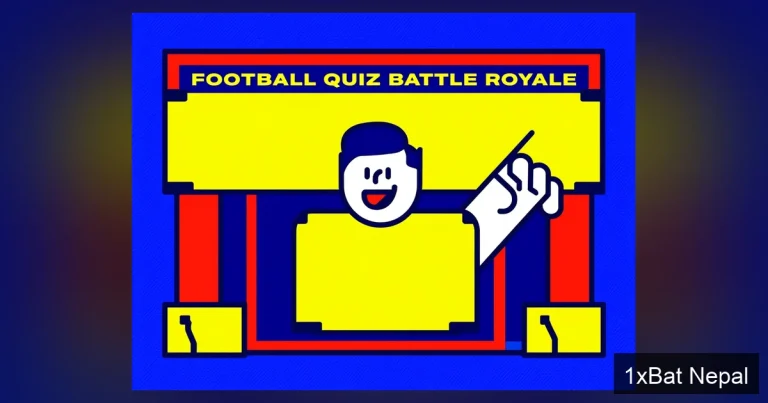 Flat vector art poster of a football quiz host pointing at a scoreboard with bold text 'FOOTBALL QUIZ BATTLE ROYALE' in red, yellow, and navy blue, representing GOAL's Front Three epic World Cup knowledge competition.