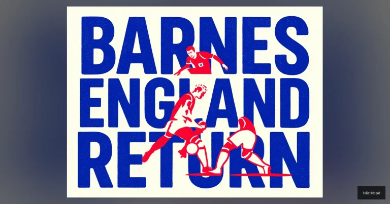 Harvey Barnes England return graphic poster showing the winger in Three Lions kit dribbling past defender with bold BARNES ENGLAND RETURN text, flat vector art style with navy blue, crimson red, and white colors