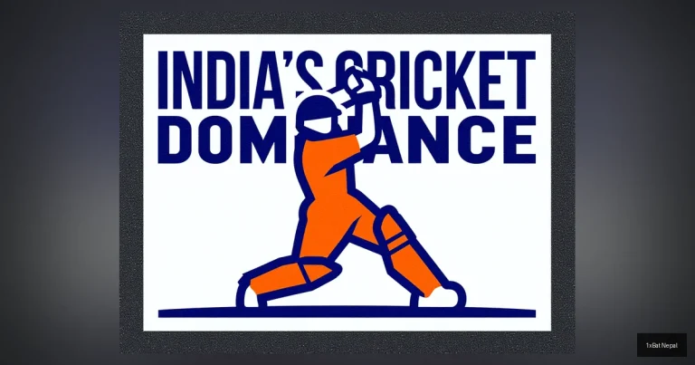 A flat vector art poster of a cricket batsman in action with bold text 'INDIA'S CRICKET DOMINANCE', representing fan celebration and team excellence in minimalist style.