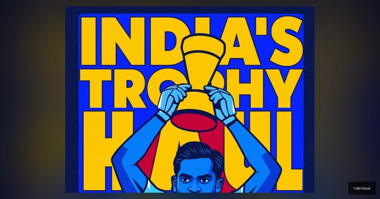 Flat vector illustration of Rahul Dravid celebrating with cricket trophy at Naman Awards, with bold INDIA'S TROPHY HAUL text, representing India's five ICC World Cup victories