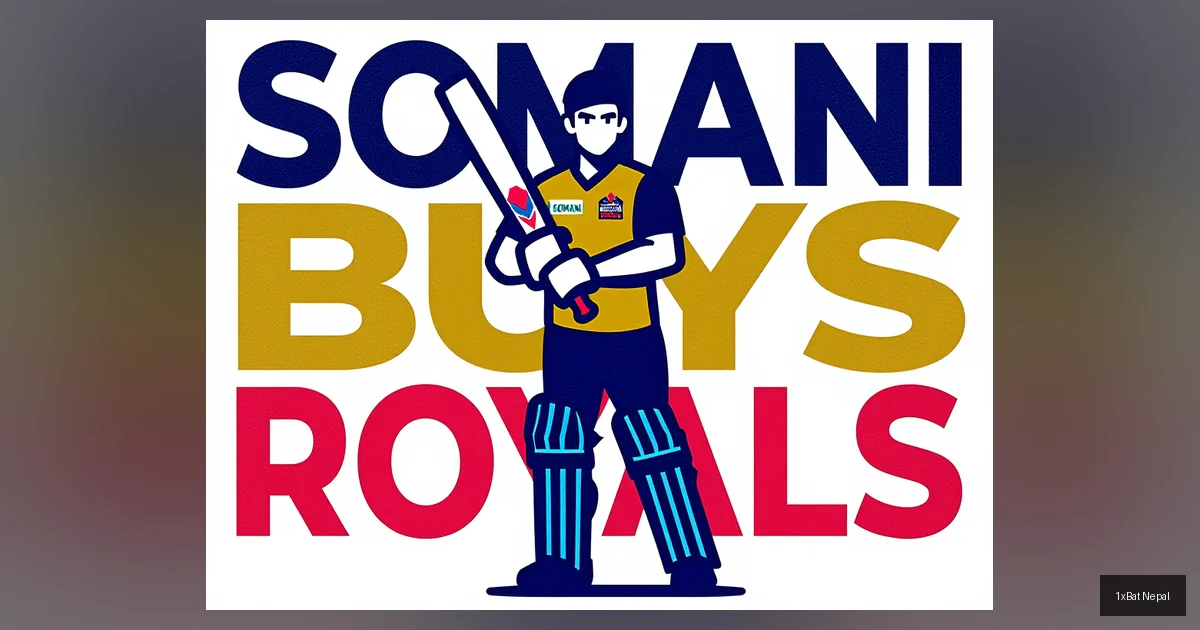 Flat vector art poster of entrepreneur Kal Somani holding a Rajasthan Royals cricket bat with bold text 'SOMANI BUYS ROYALS' in the background, representing the IPL 2026 franchise acquisition news.