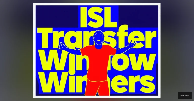 Flat vector art poster of Mohun Bagan's Robson Robinho celebrating a goal with bold ISL Transfer Window Winners text, in navy blue, electric yellow, and crimson red colors, minimalist screen-print style.