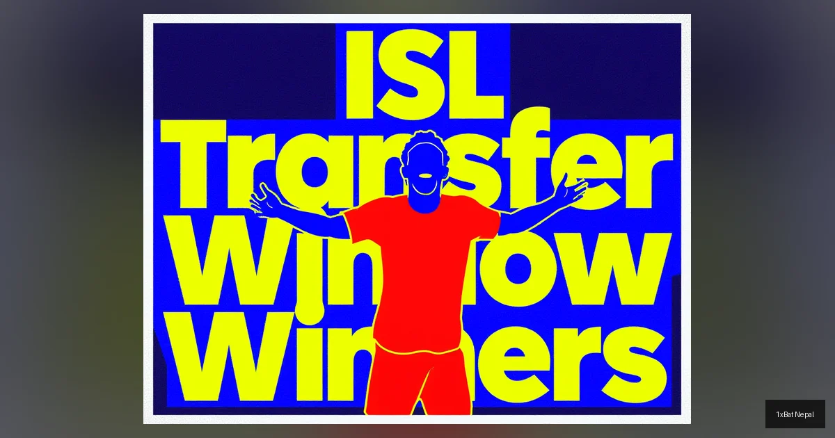 Flat vector art poster of Mohun Bagan's Robson Robinho celebrating a goal with bold ISL Transfer Window Winners text, in navy blue, electric yellow, and crimson red colors, minimalist screen-print style.