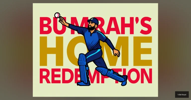 Stylized flat vector art poster of Indian cricketer Jasprit Bumrah bowling, with bold text 'BUMRAH'S HOME REDEMPTION' celebrating his T20 World Cup final victory on his home ground in Ahmedabad.
