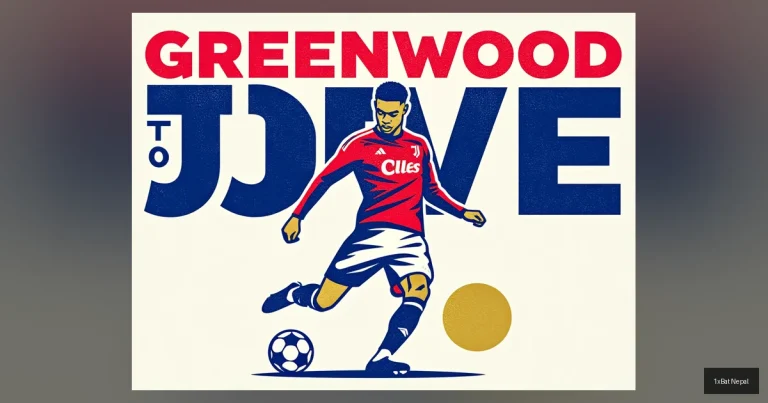Flat vector art poster of Mason Greenwood in a football kicking pose with bold text 'GREENWOOD TO JUVE' for Juventus transfer news and Serie A squad overhaul.